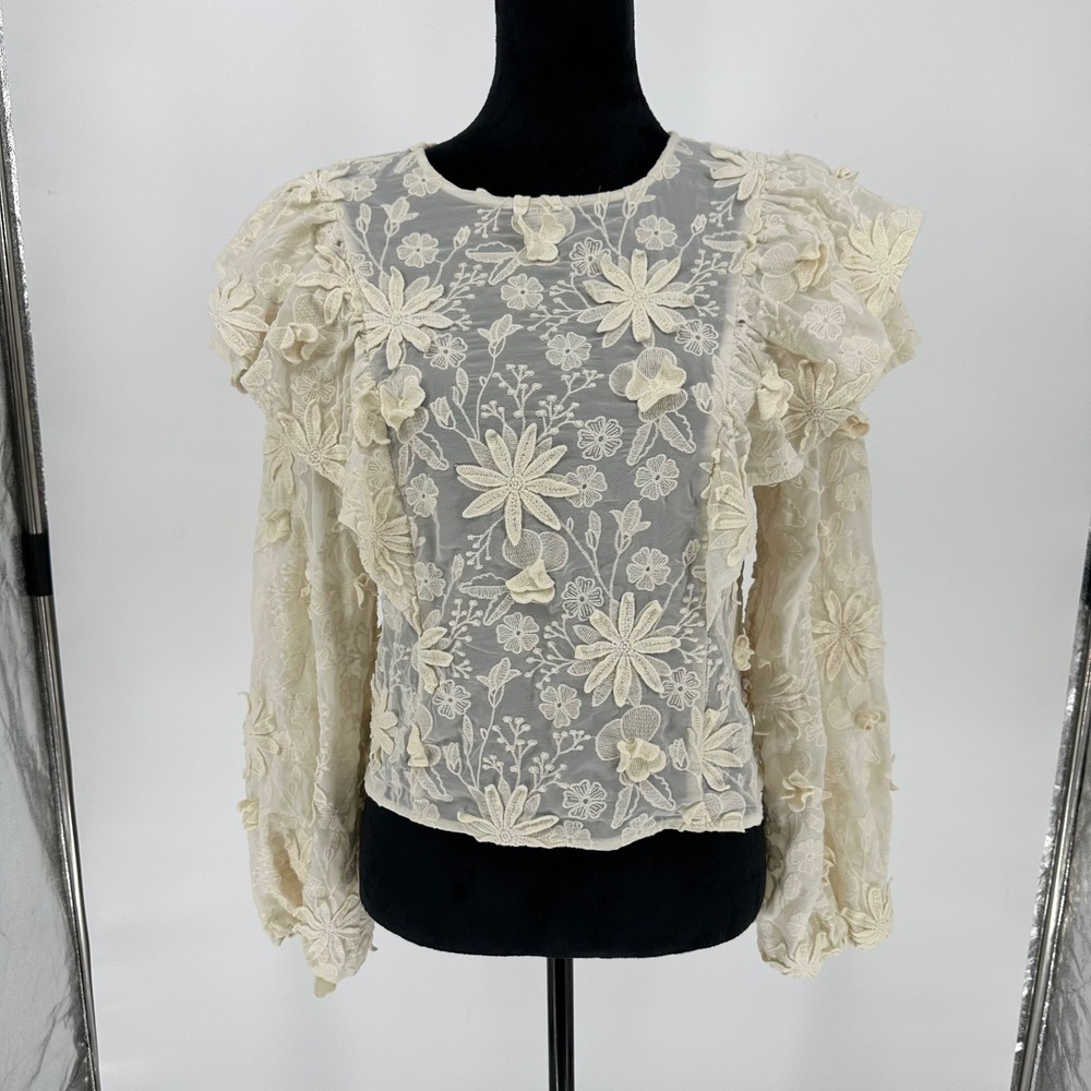House of Harlow Cream Ruffle Lace Embroider Balloon Blouse Top Cottage Boho S‎